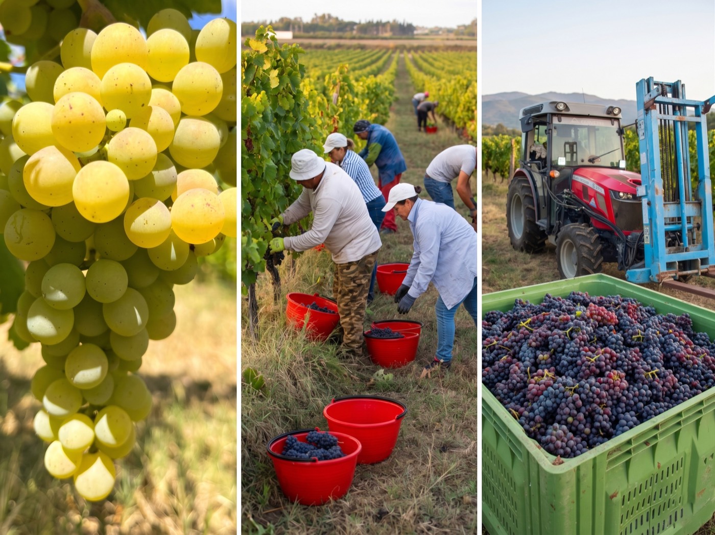 La vendemmia a Poggio alle Forche — selezione dei grappoli, raccolta a mano e trasporto in cantina